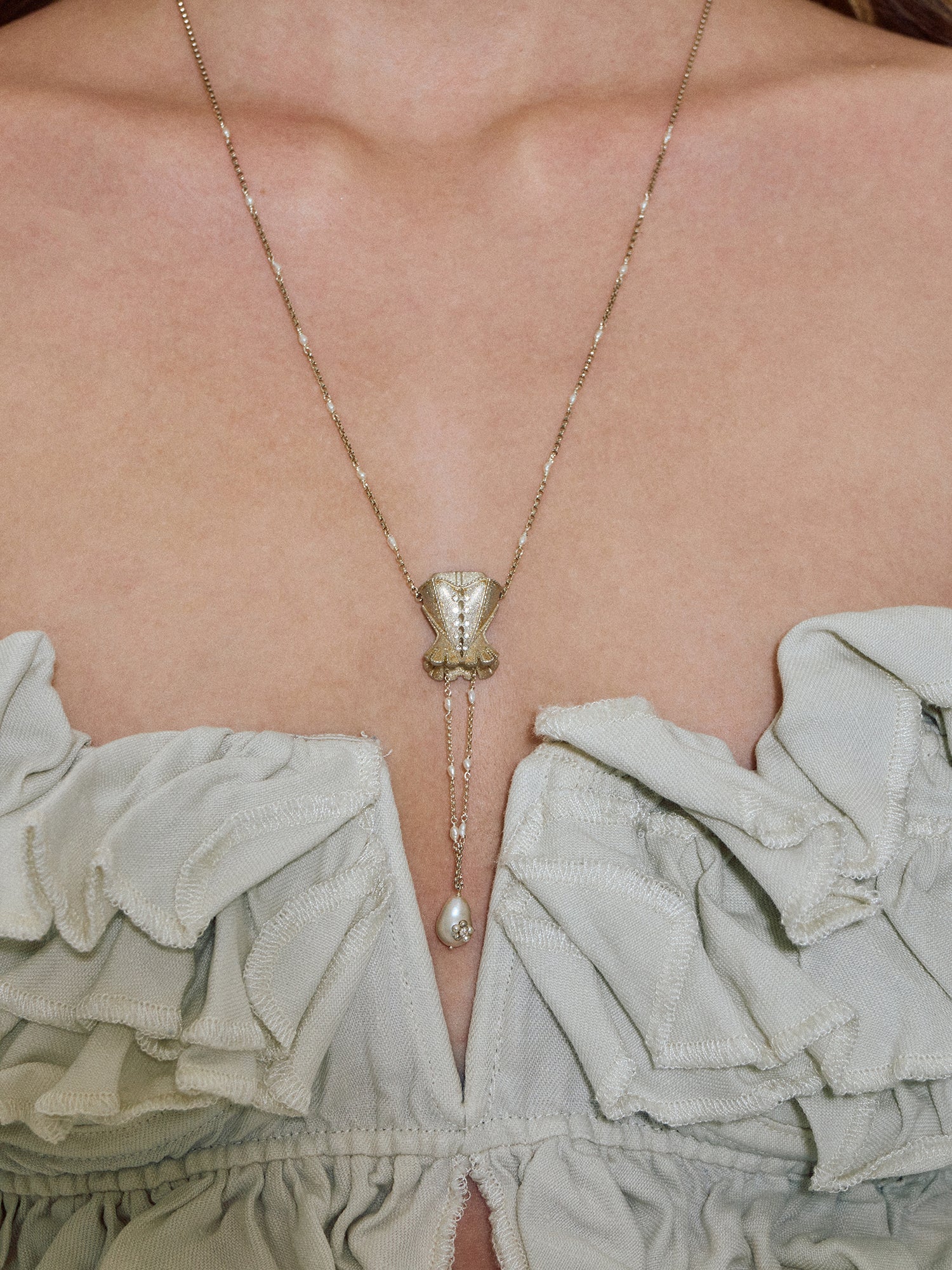 Vintage Corset Necklace with Hanging Pearl
