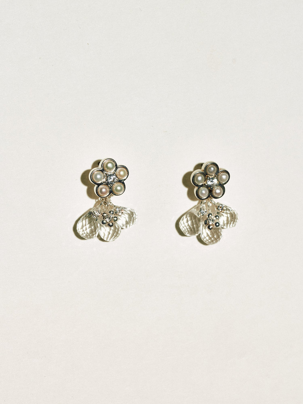 Matte Pearl Blossom Earrings – Rock Crystal Variation
