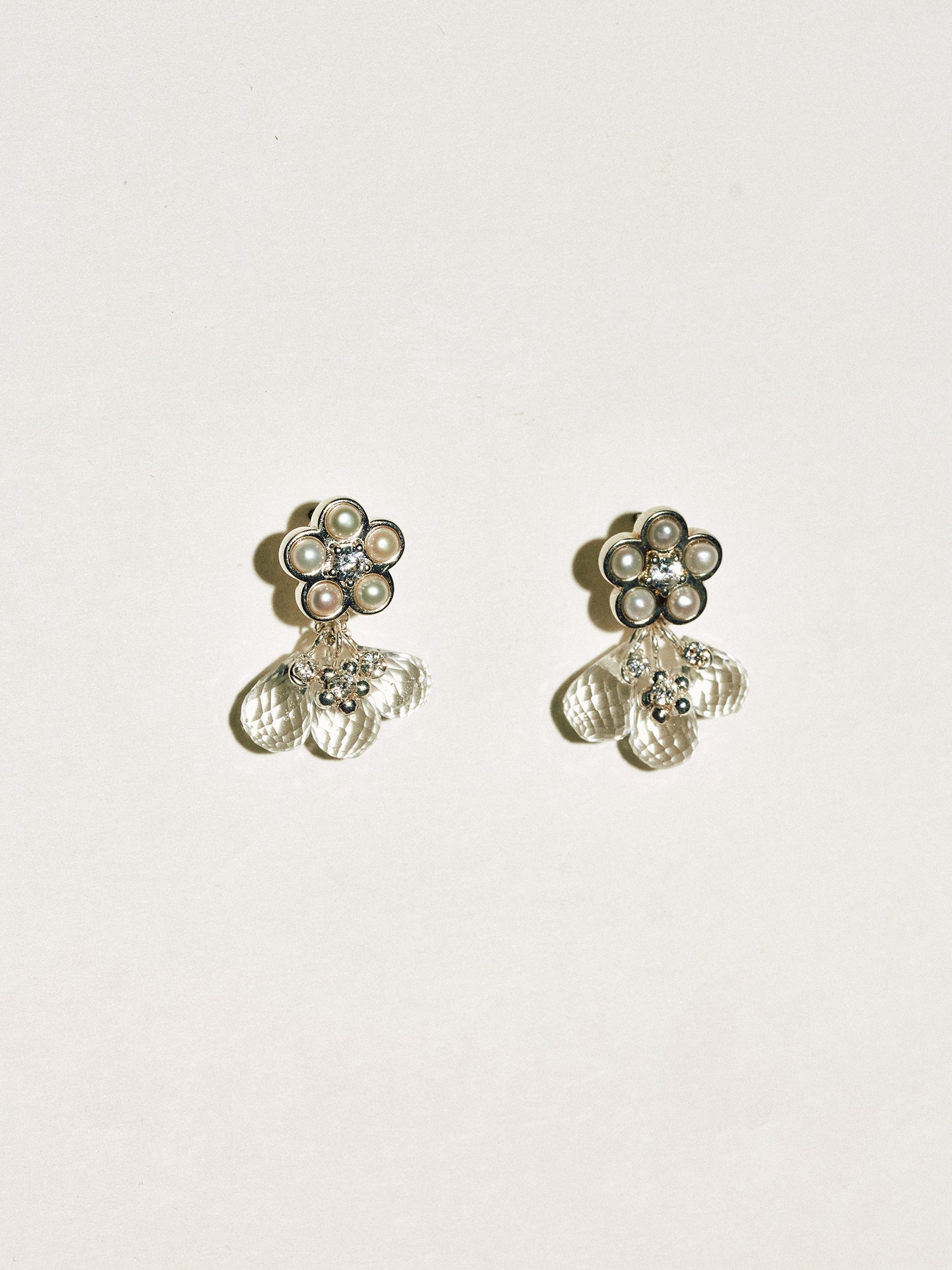 Matte Pearl Blossom Earrings – Rock Crystal Variation