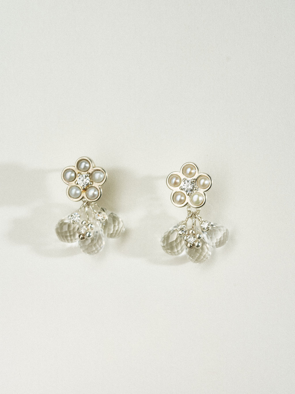 Matte Pearl Blossom Earrings – Rock Crystal Variation