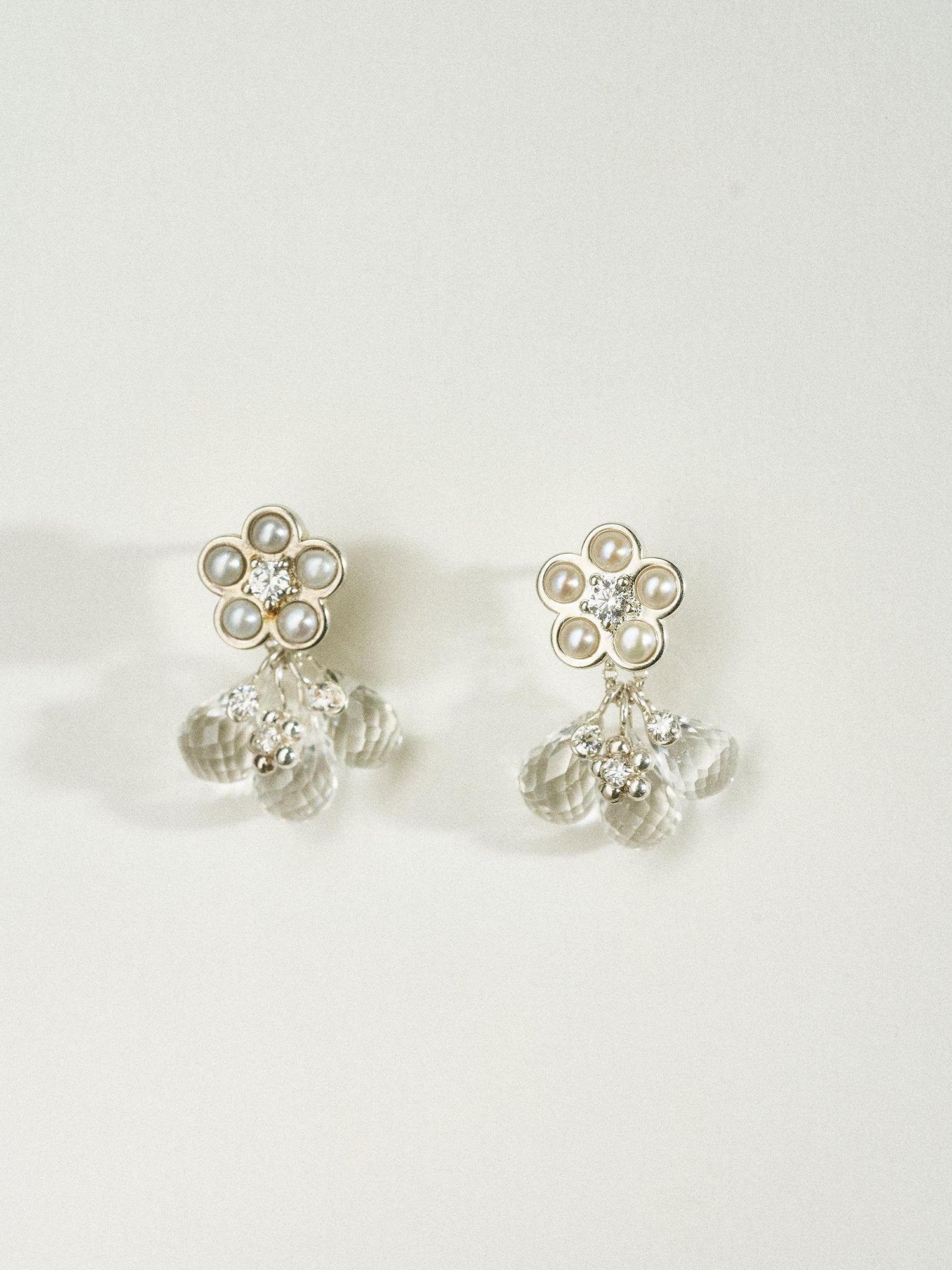 Matte Pearl Blossom Earrings – Rock Crystal Variation