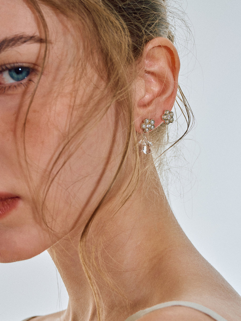 Matte Pearl Blossom Earrings – Rock Crystal Variation