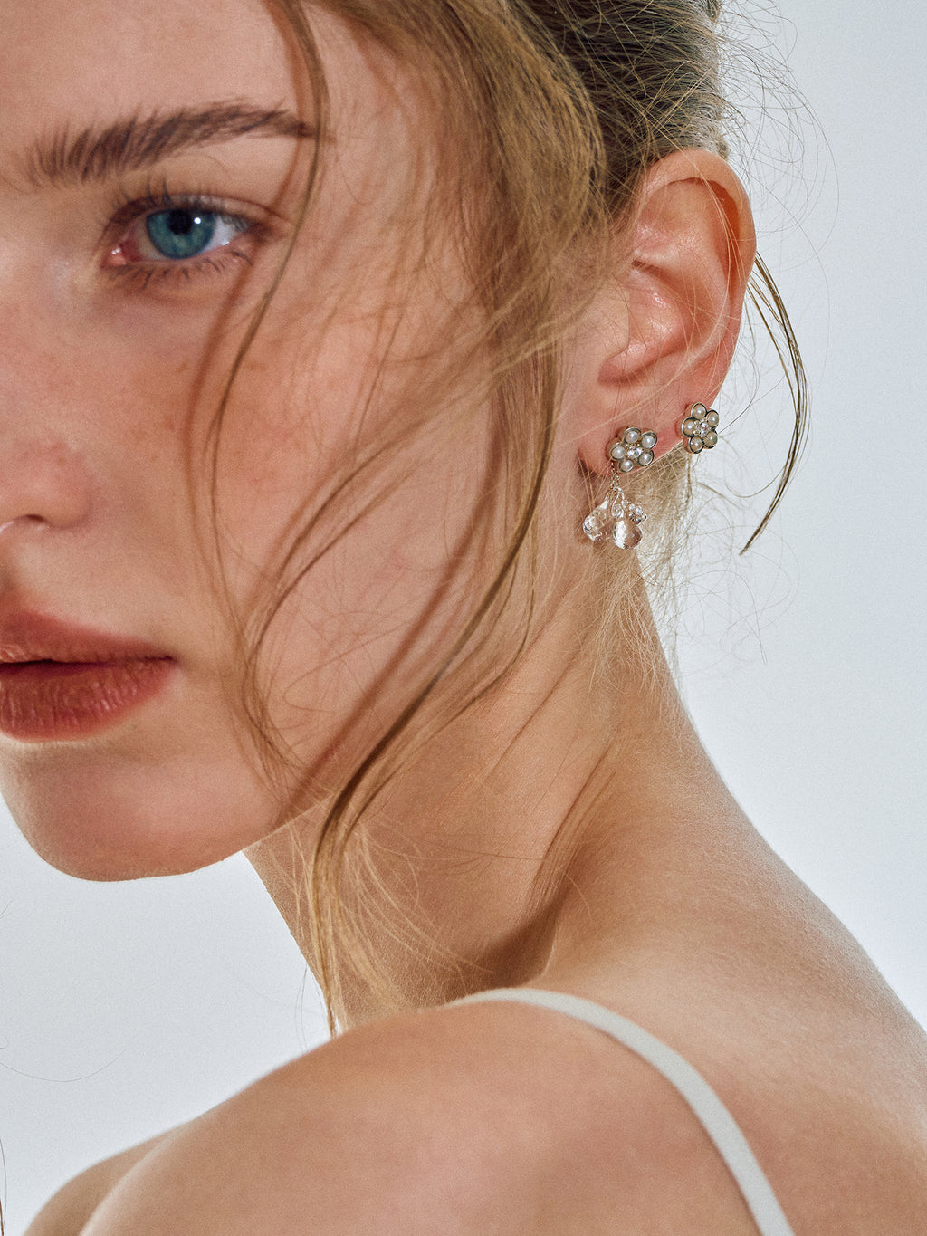 Matte Pearl Blossom Earrings – Rock Crystal Variation