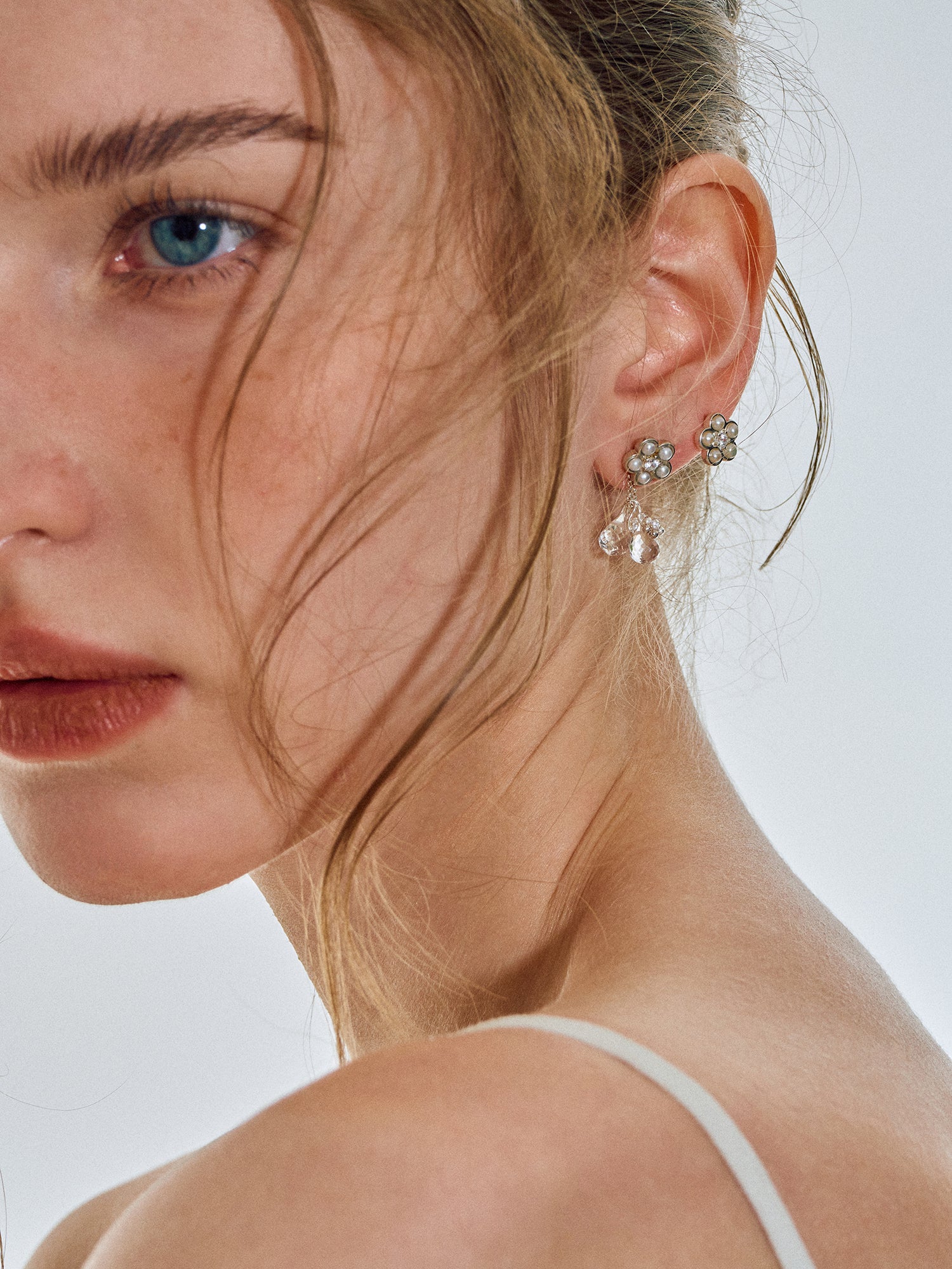 Matte Pearl Blossom Earrings – Rock Crystal Variation