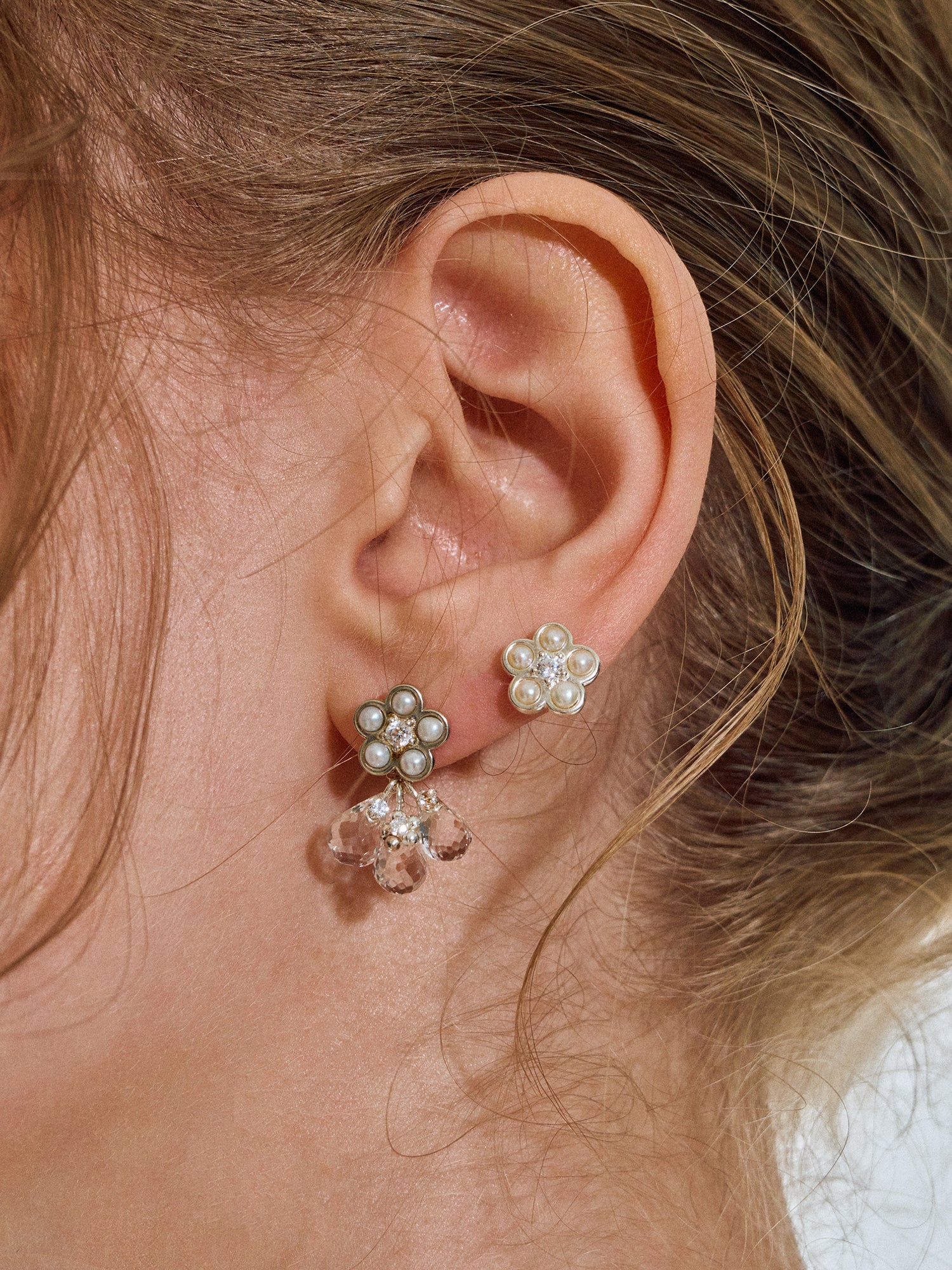 Matte Pearl Blossom Earrings – Rock Crystal Variation