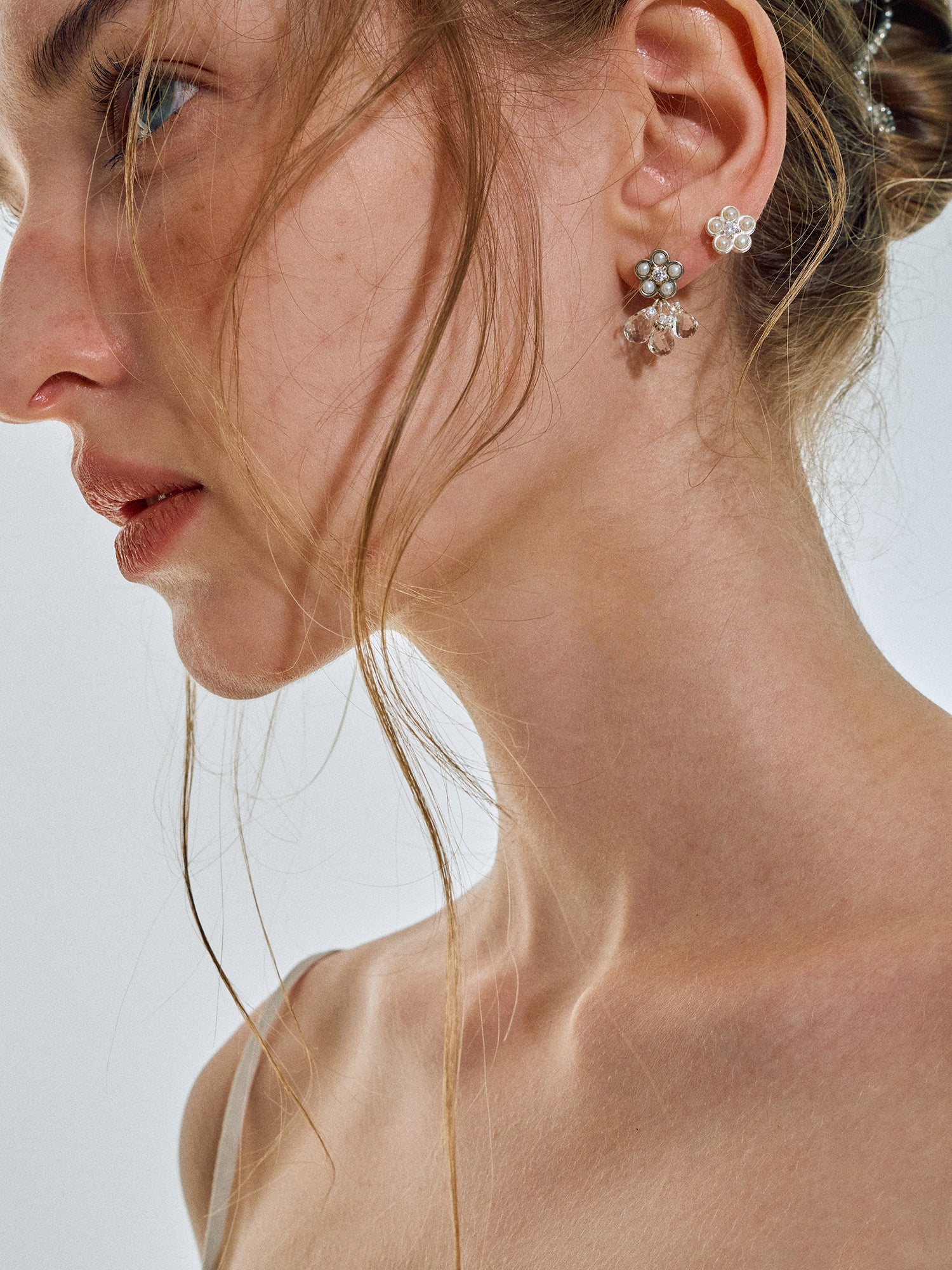 Matte Pearl Blossom Earrings – Rock Crystal Variation