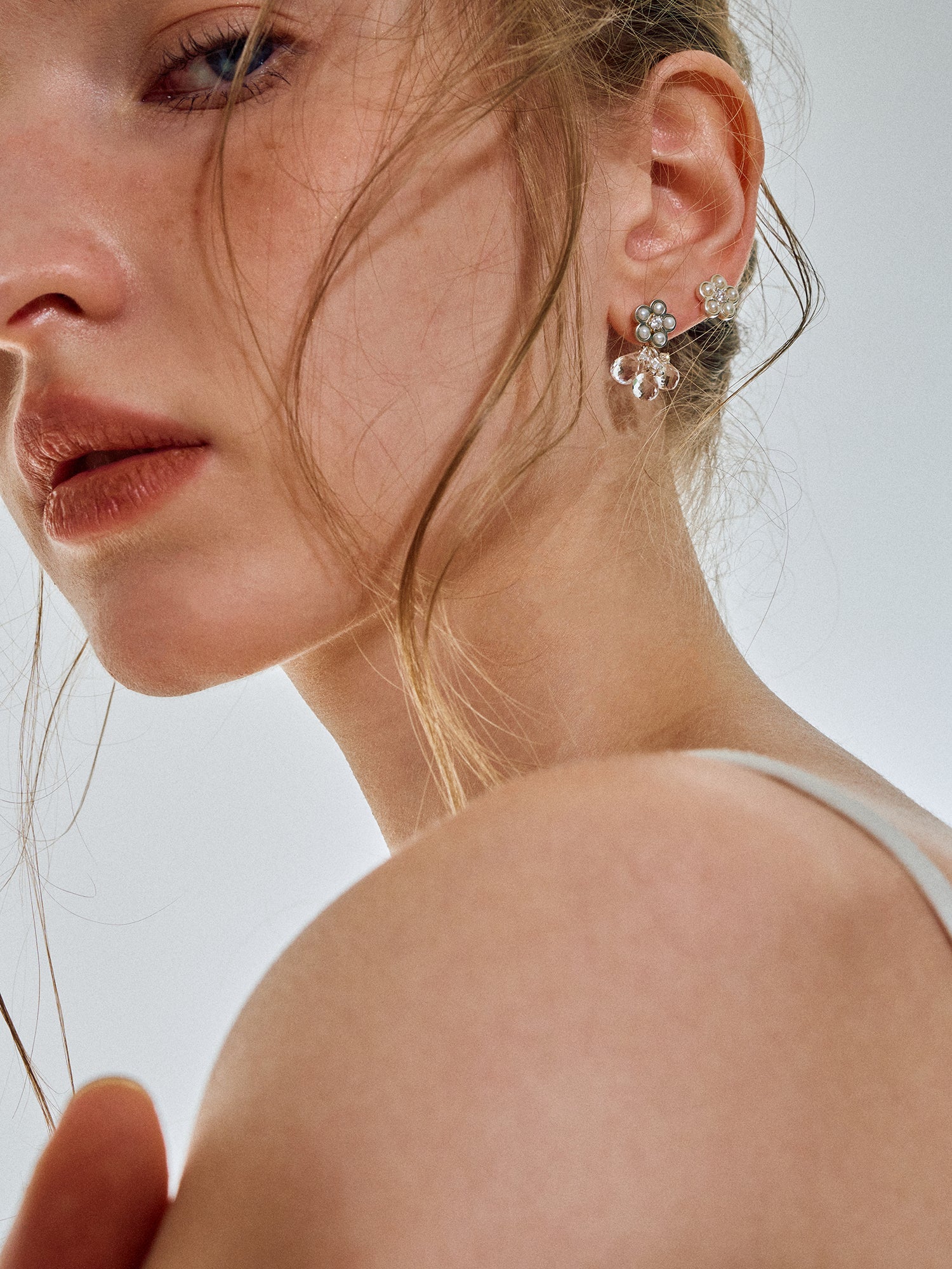 Matte Pearl Blossom Earrings – Rock Crystal Variation