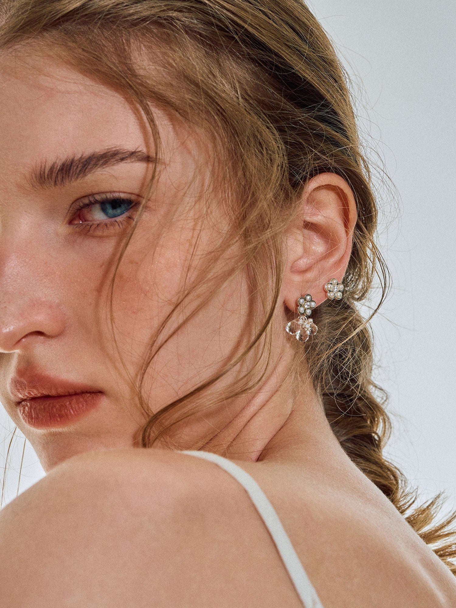 Matte Pearl Blossom Earrings – Rock Crystal Variation
