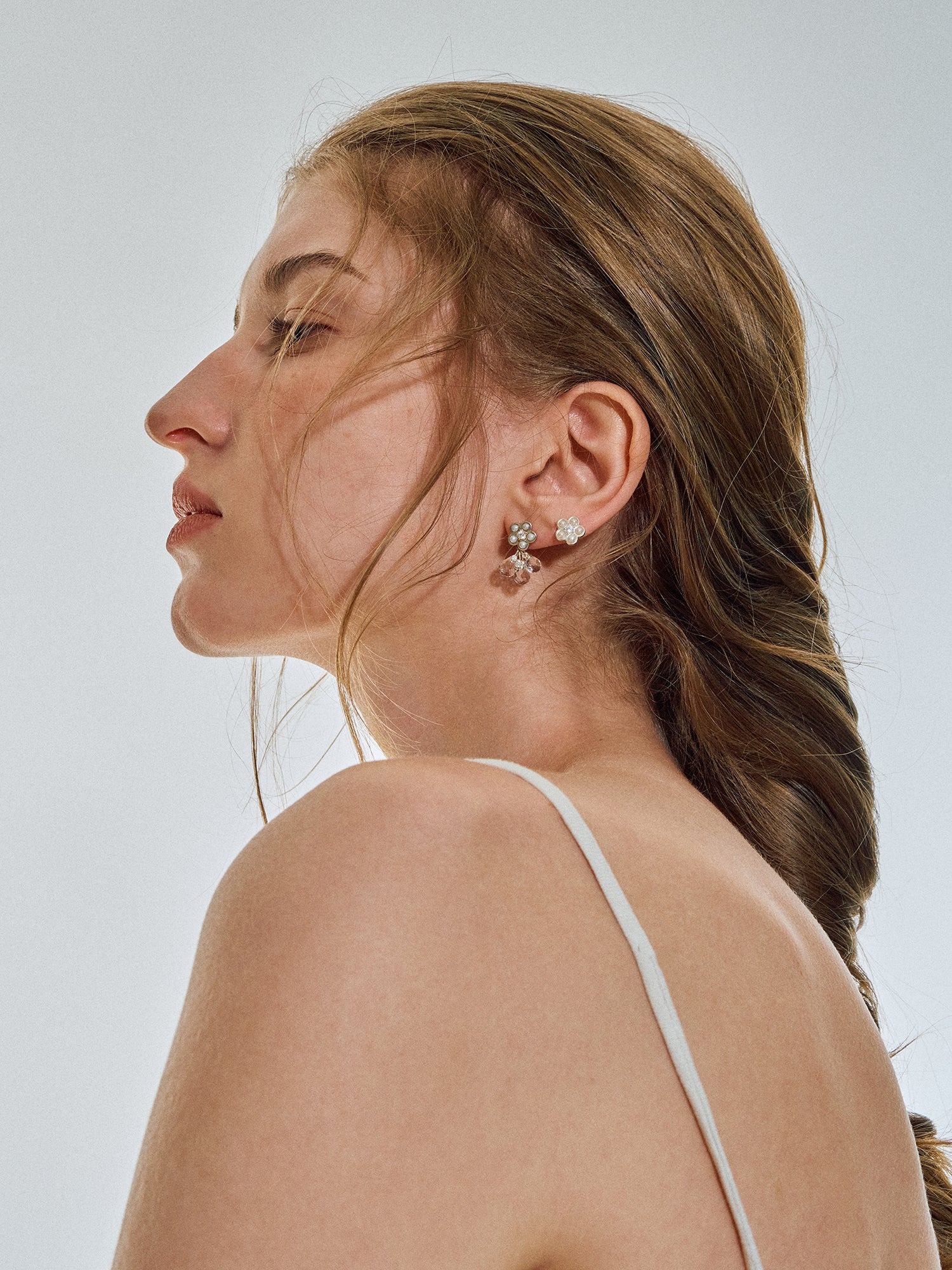Matte Pearl Blossom Earrings – Rock Crystal Variation