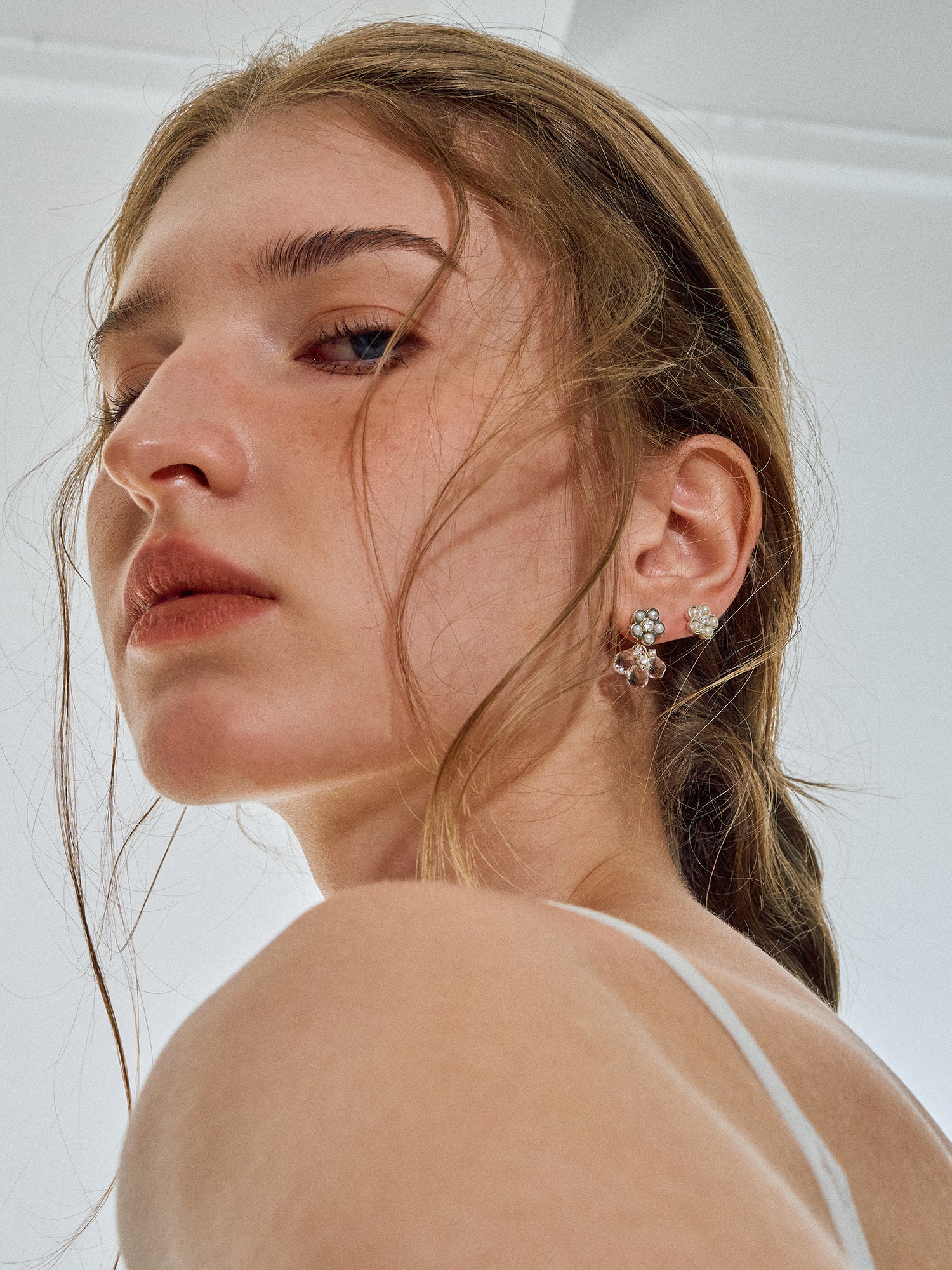 Matte Pearl Blossom Earrings – Rock Crystal Variation