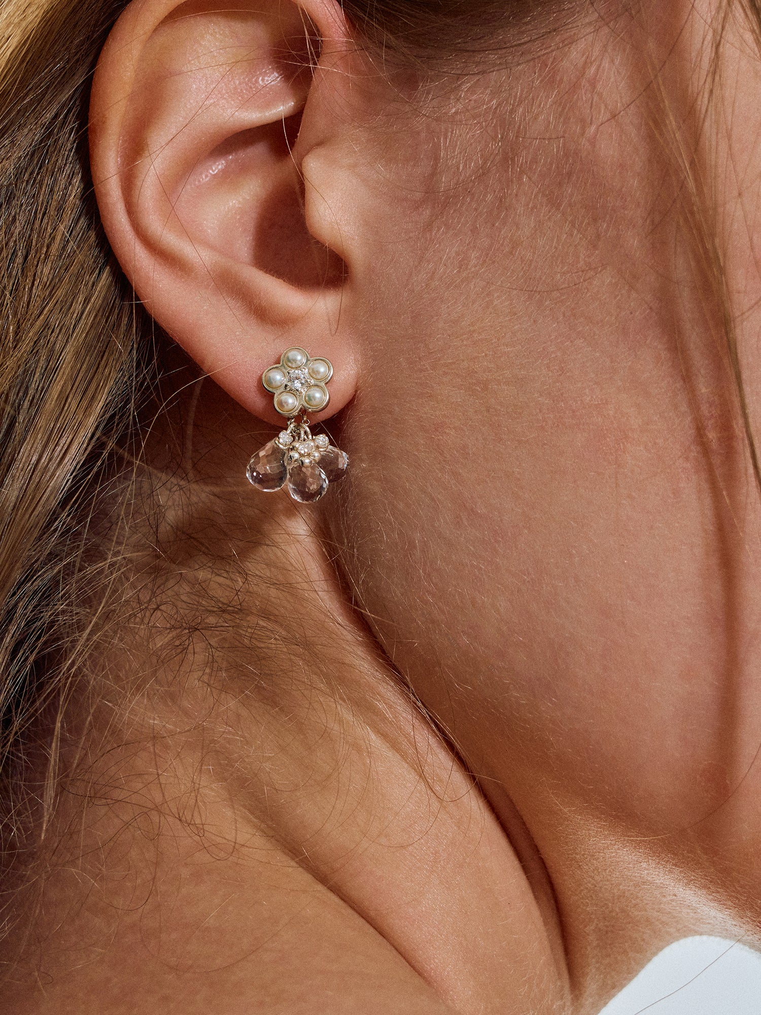 Matte Pearl Blossom Earrings – Rock Crystal Variation