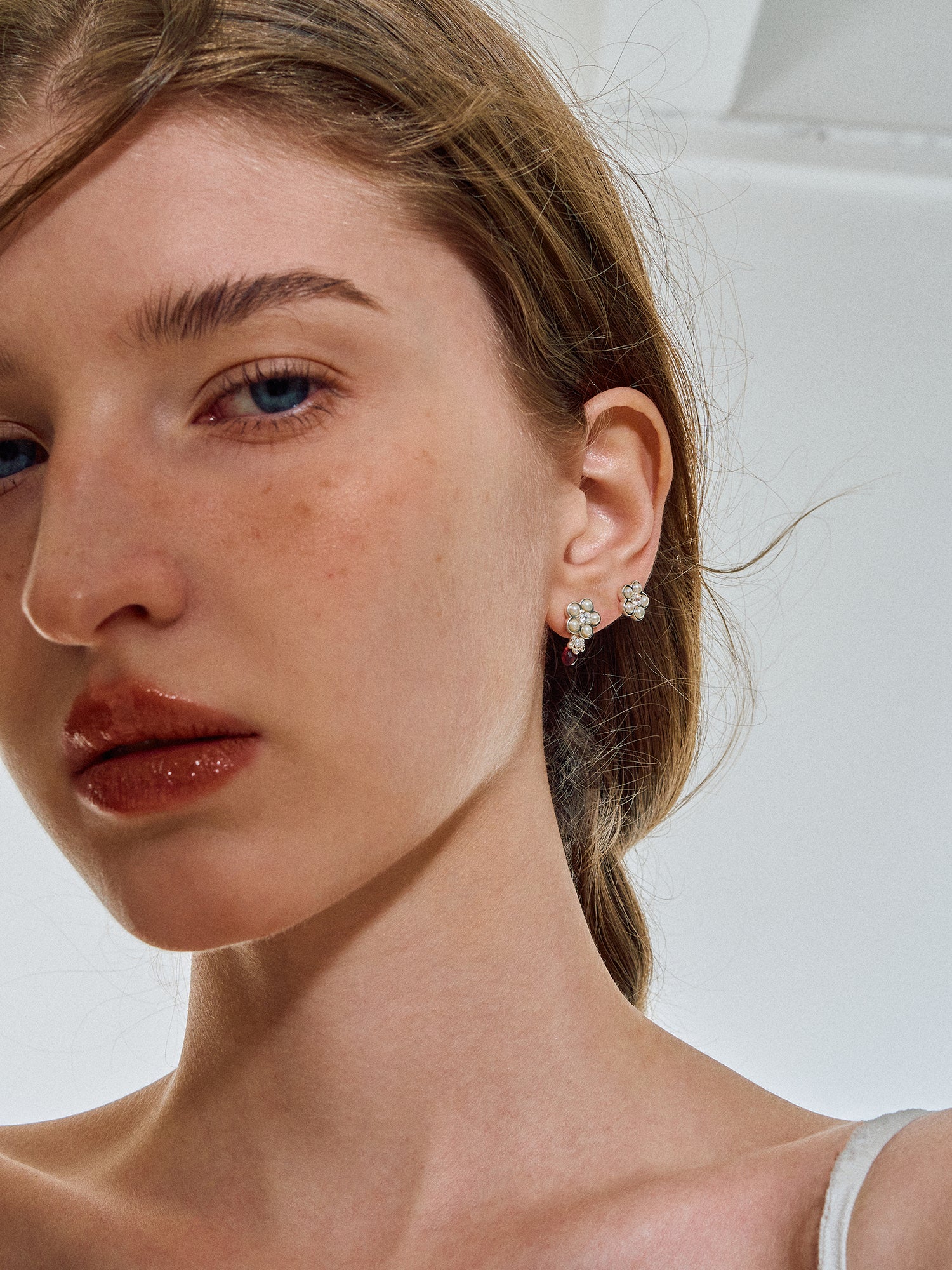 Matte Pearl Blossom Earrings – Garnet Variation