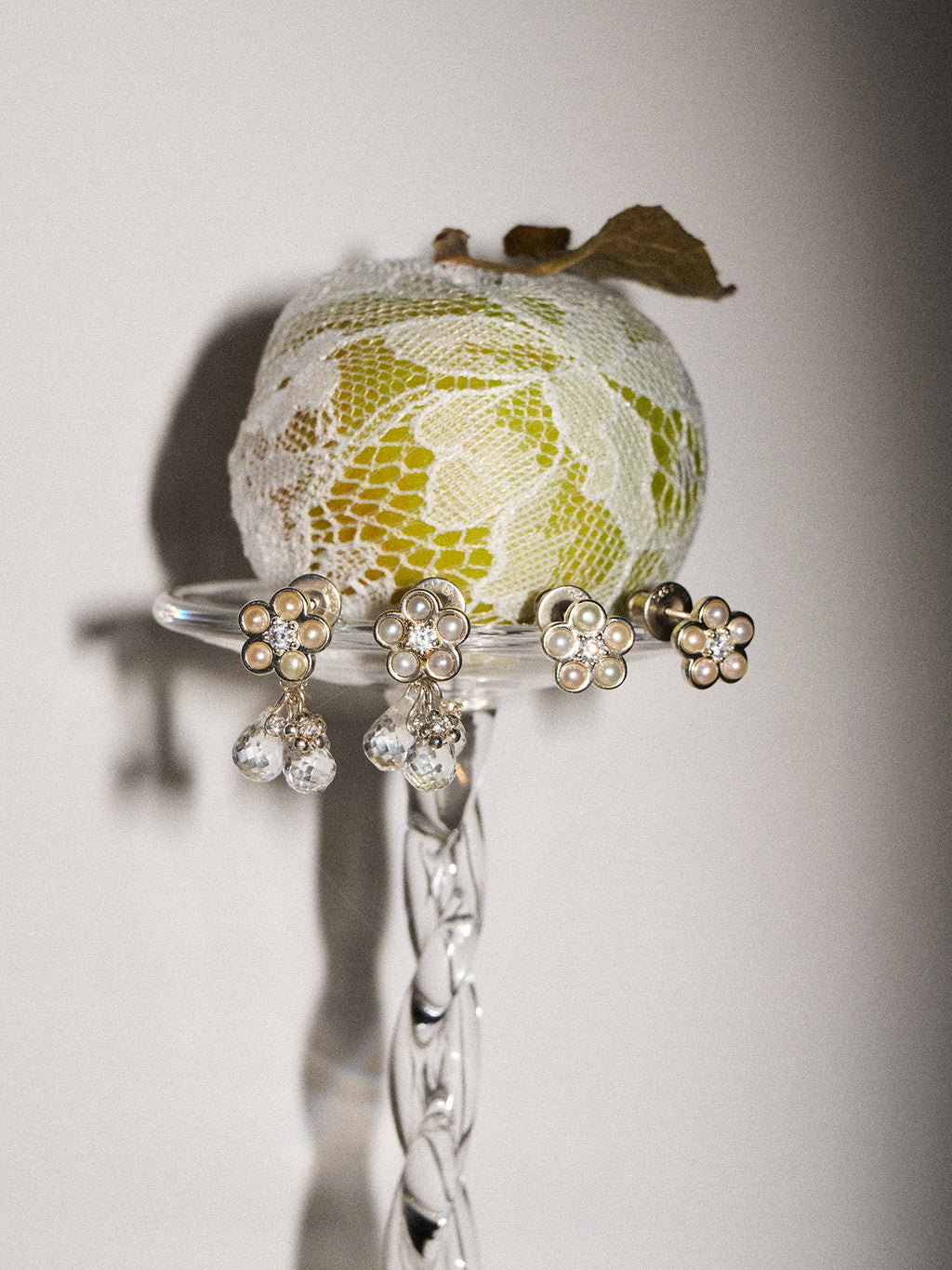 Matte Pearl Blossom Earrings – Rock Crystal Variation
