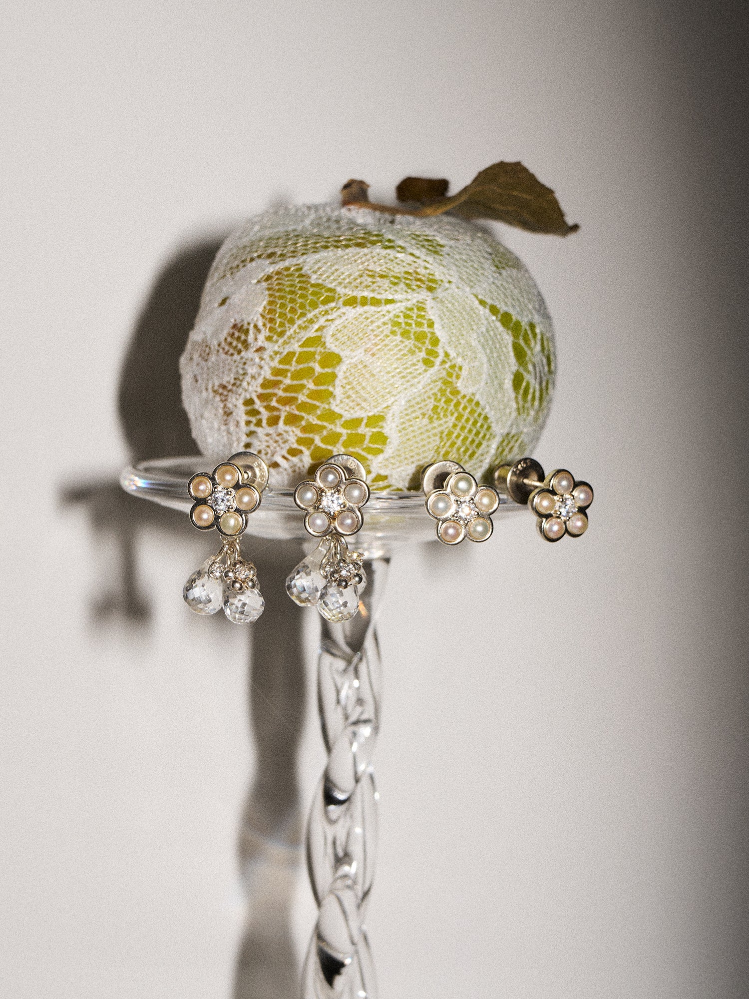 Matte Pearl Blossom Earrings – Rock Crystal Variation