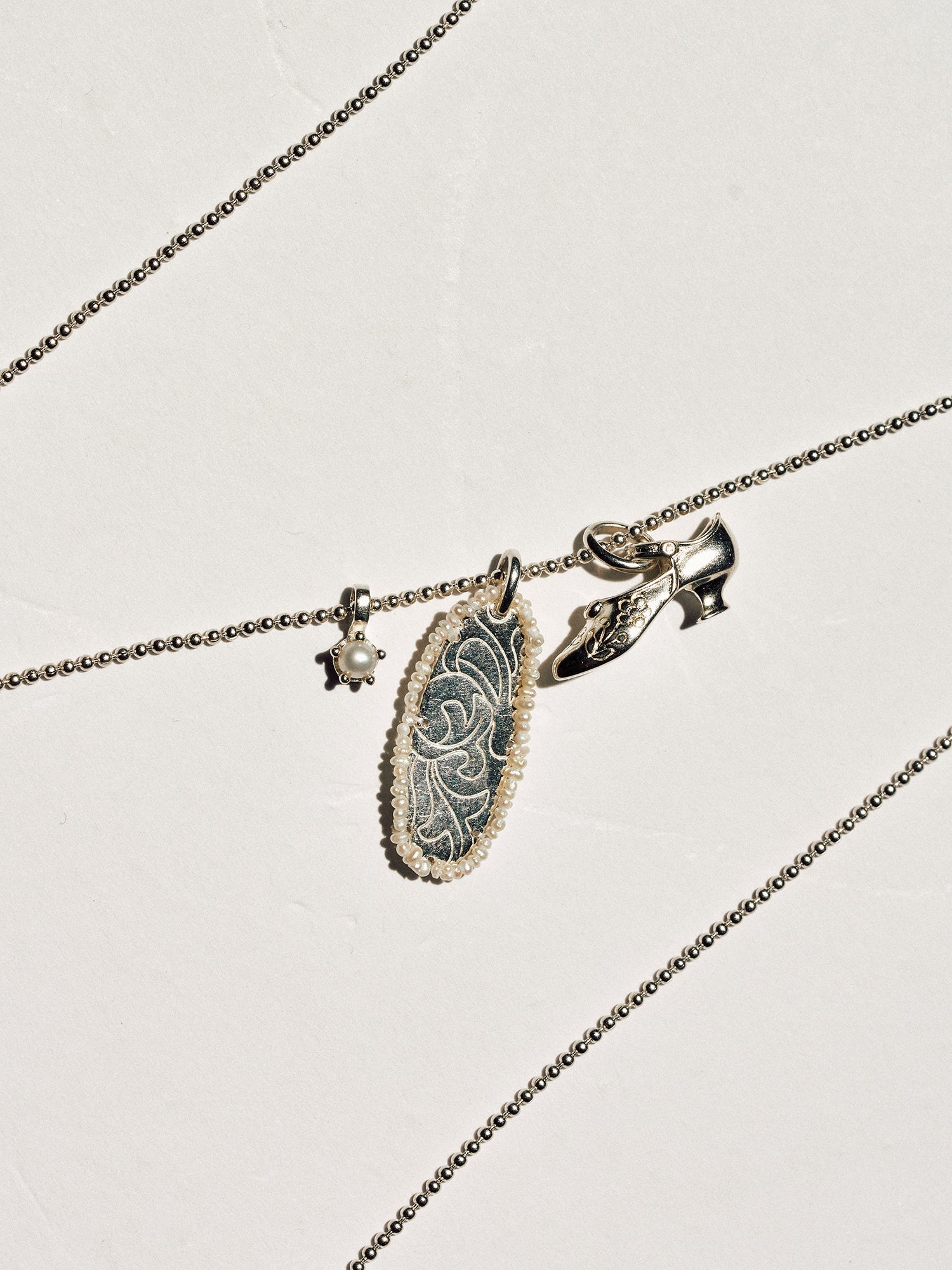 Vintage Mary Jane Shoe Long Necklace Adorned with Pearls
