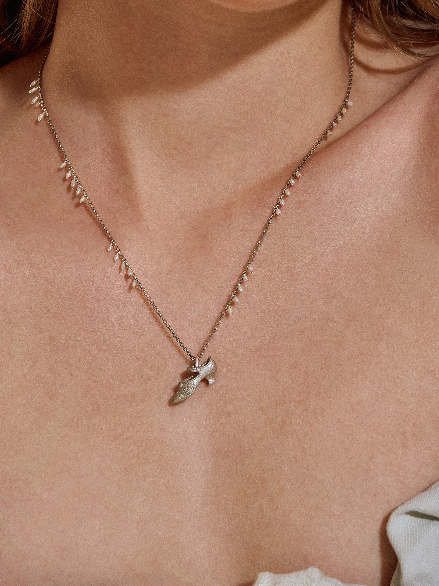 Vintage Mary Jane Shoe Necklace Adorned with Pearls
