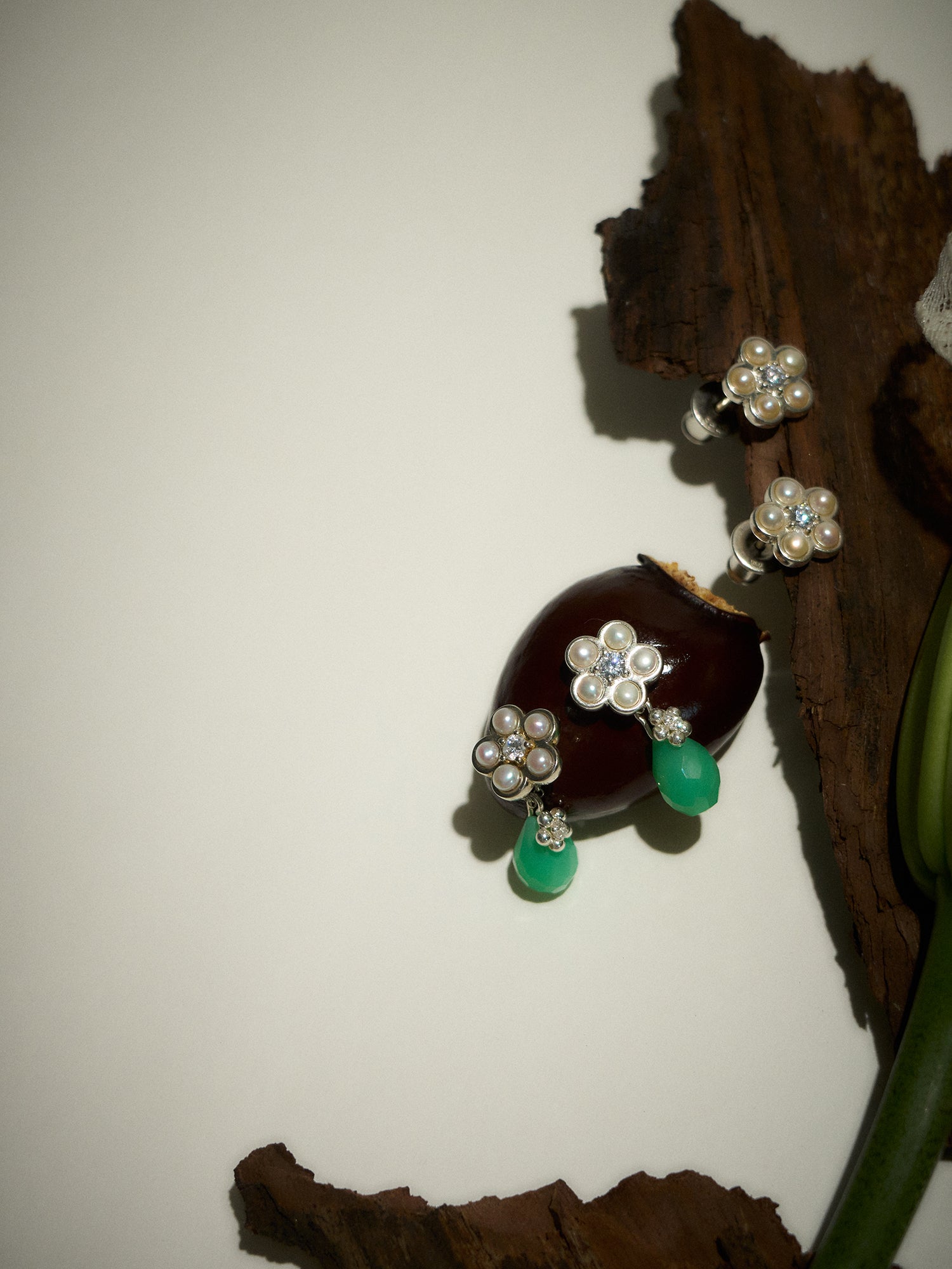 Matte Pearl Blossom Earrings – Jade Variation